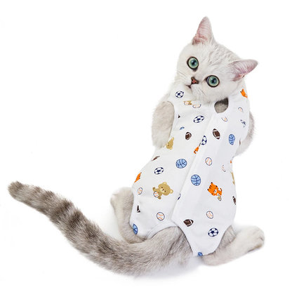 Vêtement anti-léchage "balles" porté par un chat