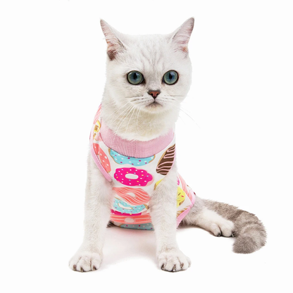 Vêtement anti-léchage "donuts" porté par un chat