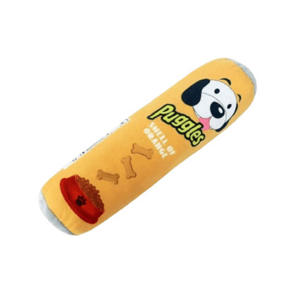 Peluche à mâcher jaune en forme de tube de chips pour chien