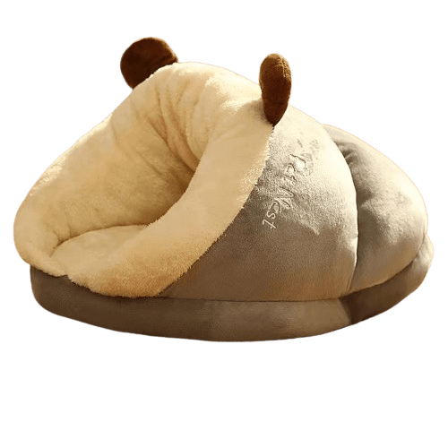 Couchage marron en forme de pantoufle pour chien et chat
