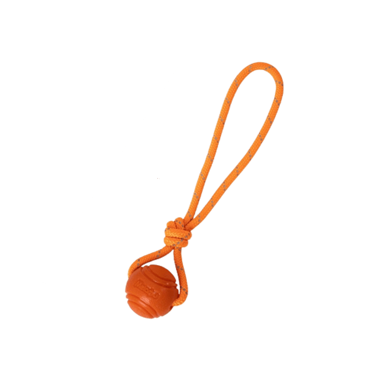 Balle en caoutchouc orange avec ficelle pour chien