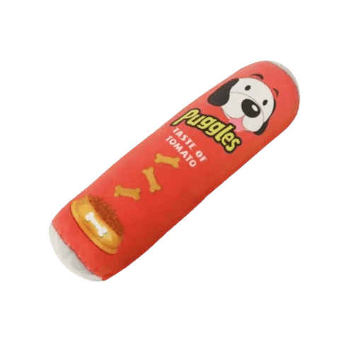 Peluche à mâcher rouge en forme de tube de chips pour chien
